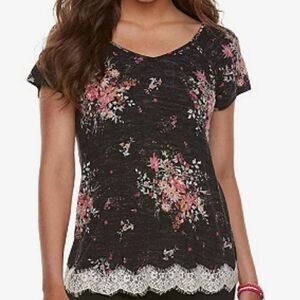 Rewind Juniors Womens Blue Floral V-Neck Short Sleeve Blouse